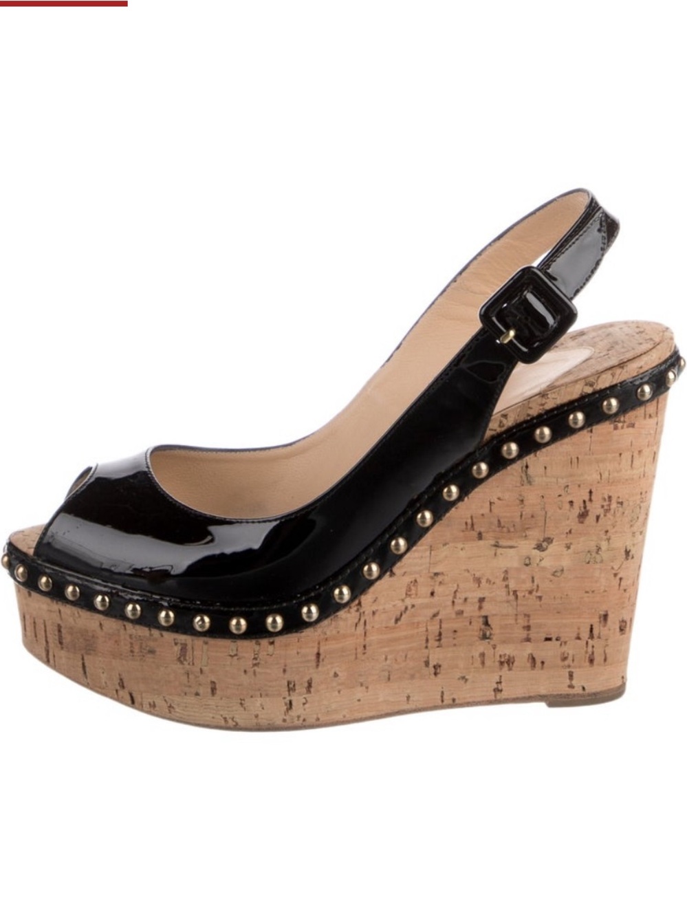 Christian Louboutin Black Patent Cork Wedge Slingback with Gold Studs